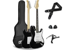 3rd Avenue Gitara elektryczna pełnowymiarowa 4/4, zestaw startowy dla początkujących z pokrowcem, paskiem, kostkami i kapodastrem – w kolorze czarnym
