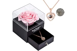 Sunia Eternal Handmade Rose Preserved Real Rose with Love You Necklace 100 Languages Gift Enchanted Real Rose Flower for Valentine's Day Mother's Day Anniversary Wedding Romantic Gifts for Her