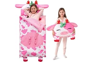 JOIEDOMI Mata do drzemki dla małych dzieci z poduszką i kocem – 152,4 x 68,6 cm dla dzieci od 3 lat – śpiwór dla dzieci, krowa truskawkowa, dla chłopców i dziewczynek do przedszkola