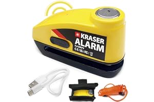 KRASER KR7Y Alarm Disc Lock Rechargeable Antitheft Motorcycle Brake DiscLock, USB Cable Charge Battery, Press Locking ø7mm/0.27in Pin Security 110dB Sound Alert Shock Sensor Waterproof, Reminder Cable
