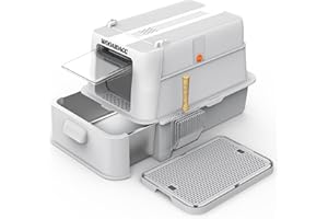 Wooaidagg Stainless Steel Cat Litter Tray with Lid, Large Covered Metal Cat Litter Box with Scoop and Mat for All Cat,Odour Control,Non Stick Surface,Easy Clean (Light Grey)