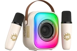 PHNIXGAM Mini Karaoke Maschine mit 2 drahtlosen Mikrofonen, Tragbarer Bluetooth Lautsprecher, Karaoke Mikrofon mit LED, Lautsprecher-Unterstützung für TF-Karte/USB, AUX in (Beige)
