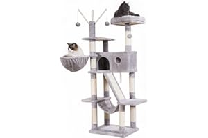 Hey-brother Arbre à Chat, Tour de Jeux pour Chats Intérieur de 154 CM, avec Un Plateforme supérieure Douce, avec Balle de Jouet, Un Grand Nid Confortable et Hamac, Gris 0EMPJ019W