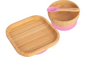Tiny Dining Baby Dinner Set - Square - Pink - 3pc - Divided Non-Slip Bamboo Self-Feeding Baby Weaning Plate, Bowl & Spoon for Babies, Toddlers, Children
