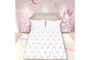 FEELINGYOU Cartoon Bowknot Kids Fitted Sheet Single Size,Pink Bow Tie Butterfly Knot Princess Bedding Set,Girls Women Room Decor,Watercolor Bow Patchwork Bed Cover,Pink White Bed Sheet,1 Pillowcase