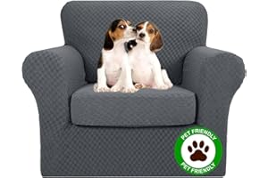 MAXIJIN 2 Piece Newest Jacquard Chair Covers with Arms Super Stretch Non Slip Chair Slipcover for Living Room Dogs Pet Friendly Elastic Sofa Couch Protector Armchair Cover (1 Seater, Dark Grey)