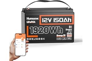 ‎HUMSIENK HumsiENK 12V 150Ah LiFePO4 Batterie mit Bluetooth, Bis zu 15000+ Zyklen, Eingebautes 110A BMS, Schutz vor niedrigen Temperaturen, 10 Jahre Lebensdauer, Perfekt für Wohnmobil/Camping im Freien