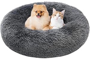 LENAUQ Plush Donut Dog Bed, Calming Round Dog Cat Bed Washable Faux Fur Donut Cuddler Pet Cushion Self-Warming Puppy Beds with Anti-Slip Bottom for Small/Medium Dogs Cats (Diameter 50cm)