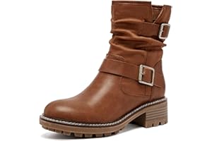 Ruiee Women's Ankle Boots Slouchy Flat Ladies Booties Low Chunky Heeled Riding Combat Boot Comfortable Casual Round Toe Short Boots for Women.