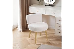 Warmiehomy White Dressing Table Chair with Gold Legs, Teddy Velvet Makeup Vanity Stool Chair for Dressing Table, Bedroom, Living Room