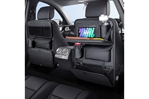 Coverado Car Seat Organizer, Nappa Leather Backrest Protector Kids Waterproof Back Seat Organizer with Tablet Holder/Foldable Food Tray/Foot Mat Protector/Multiple Bags/Trash Bag Holder