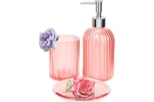 JUPELI 3pcs Bathroom Accessories Set, Luxury Pink Glass Bathroom Accessorey Set W/Liquid Soap Dispenser, Toothbrush Holder Cup, Soap Dish, Modern Bathroom Vanity Decor, Gift for Home Apartment (Pink)