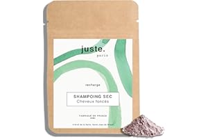 JUSTE PARIS Recharge Shampoing Sec Poudre Bio - Pour Cheveux Foncés – 80 ml - Absorbe le Sébum, Redonne Volume et Douceur – Parfum Yuzu – Sans Aérosol - Environ 50 utilisations