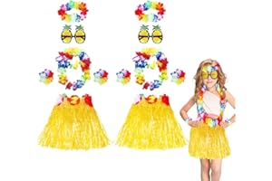 Tacobear 2 Sets Hawaii Hula Gras Rock Kinder Hawaiian Party Kostüm Set mit Ananas Brille Blume Stirnband Blumenkette Armbänder 30 cm Hawaii Kleid für Mädchen Jungen Luau Beachparty Deko