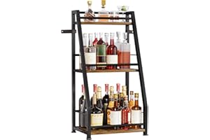 ‎YORBAY Yorbay 3-Stöckiges Freistehendes Weinregal mit Geländer: Modern Metall-Holz Flaschenregal für Wein und Weingläser - Trapezförmiges Weinflaschenhalter für Bar Küche Esszimmer