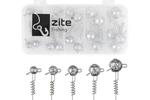 Zite Assortiment de têtes plombées à visser - 25 pièces dans une boîte de rangement - 5 g, 7,5 g, 10 g, 15 g, 20 g - Têtes plombées en spirale avec double œillet pour perche, sandre, brochet et