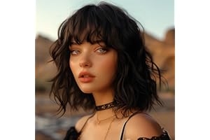 BERRYLION Wigs for Women|Short Bob Wig with Bangs|Synthetic Wavy Bob Wig With Air Bangs (Brown)