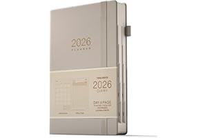 TDOLISSTE - Academic Diary 2026 Day to Page A5 Planner (365-page daily plan and 24-page monthly plan), Pen Loop and Inner Pocket, Elastic Closure, HardCover (Grey)