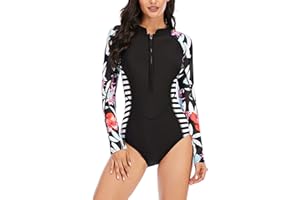 Achinel Womens One Piece Swimsuit Long Sleeve Rash Guard UV Protection Surfing Swimwear Zip Front Wetsuit Swimming Costume