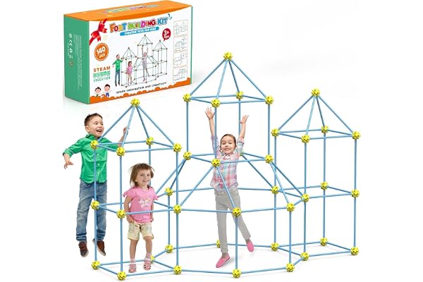Kit de Construction Fort, Kids Fort Building Kits, DIY Puzzle Maison, 140Pcs Jouet Educatif, Bricolage Créatif Châteaux, Tente Cadeau Enfants Âge 5-10, Intérieur Tunnel Jouer(Tissu Non Inclus)-Bleu