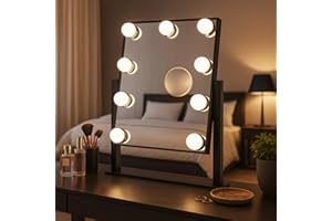 Bayt Espejo de Maquillaje - Espejo Hollywood con 9 Luces - Espejo de Aumento x10-36 x 30 cm - Negro