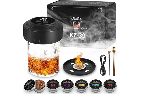 URAQT Elektrisk cocktail-rökare, med 6 smaksatta träflisar, uppladdningsbar whiskyrökningskit, RGB-ljus gammaldags whiskyrökare, dryckesrökinfusioner, herrgåvor till far, make, pojkvän