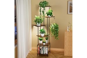 Homsorout Support Plantes avec Lampes de Croissance - 6 Niveaux Porte Plante Interieur, 139cm Étagère Plante en Métal et Bois, Etagere Plante D'intérieur Meuble, Salon et Chambre À Couche (Marron)