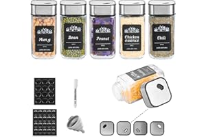 Ynudr 6 Square Spice Jars with Unique Strong Seal Swivel Stainless Steel Lid,120 ML Spice Containers,Glass Spice Jars,Seasoning Jars with Funnels,Label Paper,Erasable Pens