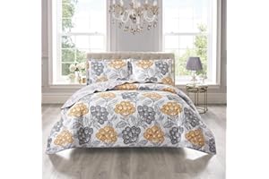 GENERIC BSL 3 Piece Quilted Bedspread Throw Bedding Set Luxury Bed Throw Comforter and 2 Pillow Shams Floral and Damask Printed Design Machine Washable (Bloom Ochre, Super King)
