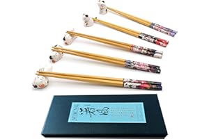 WBENG Set di 5 paia di bacchette e bacchette per bacchette e bacchette, portabacchette per gatti fortunati, 5 gatti, bacchette riutilizzabili naturali in bambù, stile classico giapponese, lavastoviglie