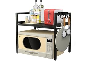 STORYSTORE Stojak na kuchenkę mikrofalową, 2-poziomowa regulowana półka na kuchenkę mikrofalową / toster, wytrzymały stojak, organizer na blat kuchenny z 6 haczykami, czarny