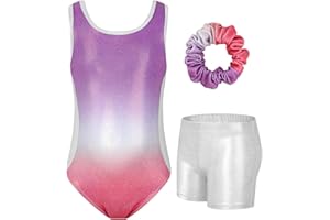 JiAmy Gymnastics Leotards for Girls with Short, Kids Athletic Crisscross Back Dancewear Gymnastics Athletic Outfit 3Pcs for Kids 3-12 Years