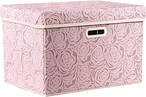 PRANDOM Storage Box with Lid, Large, Rose Pattern Fabric Storage Baskets, Cube, Foldable Organiser, Boxes, Container, Pink (Pack of 1), 43 x 30 x 30 cm, Bedroom, Cupboard