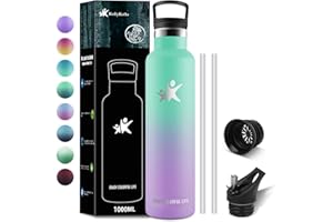 KollyKolla Trinkflasche 1L Edelstahl, Vakuum Isolierte Thermosflasche, Wasserflasche mit Strohhalm, Thermoskanne Auslaufsicher, BPA-Frei, Kohlensäure Geeignet, für Erwachsene, Sport, Fahrrad, Reisen