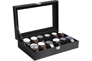 Uten Porta Orologi a 12 Scomparti, Scatola per Orologi in PU con Coperchio in Vetro, Fodera Nero, Cuscinetti Rimovibili, Fibbia in Metallo, Scatola Portagioielli per Orologi Uomo e Donna
