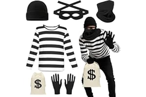 BRYNDO 6 Pcs Robber Costume Set for Adult, Burglar Fancy Dress Kit Thief Outfits with Black & White Striped T-shirt Robber Mask Eye Mask Gloves Canvas Bag Beanie for Cosplay Party Dress Up