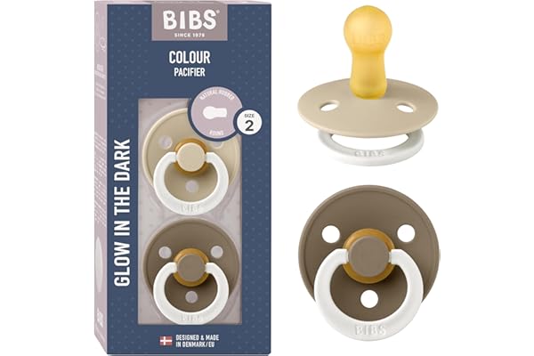 Tétine BIBS Colour Glow. Lot de 2 sucettes. Brillent dans le noir. Sans bisphénol A, Téterelle ronde. Latex de caoutchouc naturel. 6+ Mois (Lot de 2), Vanilla NIGHT/Dark Oak NIGHT