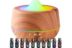 INXDOLHOM Difusor de aromaterapia con Juego de 10 aceites Esenciales, ambientador ultrasónico de 500 ml, difusor de aceites Esenciales, quemadores de aceites Esenciales con luz LED de 7 Colores