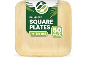 ECO LEAF PRODUCTS ECO Leaf 50 Disposable Palm Leaf Plates 10" (25cm) Large Square, Eco-Friendly, Biodegradable, Compostable, Durable, Oven Safe Bamboo Plates for Hot Food, Weddings, Picnics, and Parties