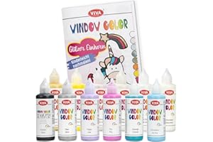 LM-Kreativ Window Color Set Glitzer Einhorn – Tauche ein in eine Welt voller Farben mit 12 x 80ml Window Colour Farben auf Wasserbasis. PLUS Vorlagenheft mit 35 Einhorn-Motiven