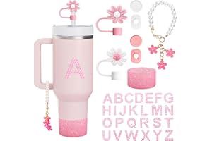 SONDENG Letter Cup Accessories 9 Pcs Compatible with Stanley(Excluding Cup)Includs 2 Straw Topper 6 Silicone Spill Proof Stopper,1 Personalized Name Letter Stickers,1 Sakura Pearl Hangings and 1 Silicone Boot