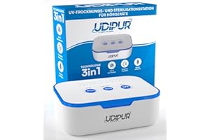 ‎UDIVITA Udipur Multifunktions-Hörgerätestation 3in1 Trocknen UV-Sterilisation und USB-Laden Typ C Temperatur Max 50°C Abmessungen 110x90x40mm