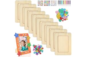 Euablfo 10 Stück Bilderrahmen Holz Set,DIY Kinder Holzbilderrahmen Set,Bastelset mit 3 Sorten Glitzersteinen Sternstickern 12 Aquarellpinsel,für Holzfarbe Geschenke Kinder bilderrahmen zum Bemalen