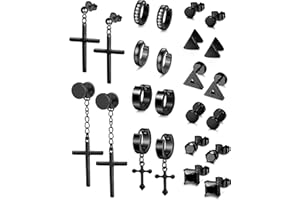 JeweBella 12 Paia 18G Nero Orecchini Uomo Acciaio Inossidabile Punk Orecchini Pendenti Croce Zircone Orecchini a Cerchio Ipoallergenico Piercing Set per Uomo Donna