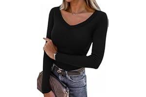Aottori T-Shirt à Manches Longues pour Femme Col V élégant Haut Décontracté Tee Shirt Tunique Chemises Top Couleur Unie Shirts