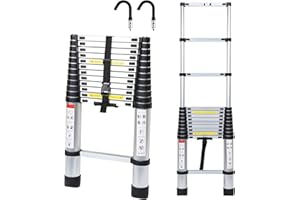 ‎CECAYLIE Cecaylie 3,8M Teleskopleiter mit 2 Abnehmbarem Haken, Aluminium Teleskopleiter, Ausziehbar Mehrzweckleiter Rutschfester Tragbare Ausziehleiter, Aluleiter, bis 150KG Belastbarkeit, Silber