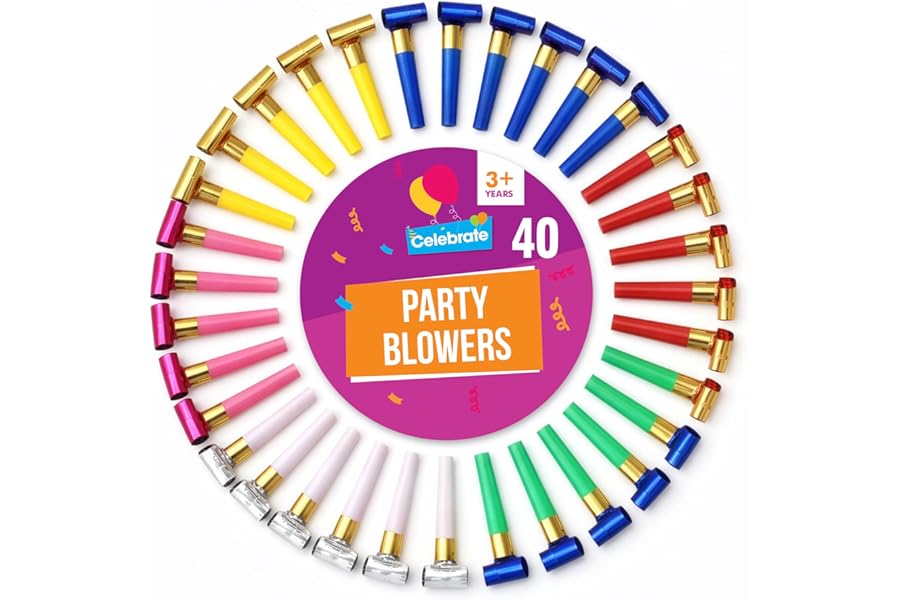 SOL 40pk Party Blowers for Party Bags Fillers for Kids, Assorted Colours Party Blowers, Durable Paper & Plastic Mouthpieces Noise Makers for Birthdays, New Year’s, Weddings, & Kids’ Celebrations