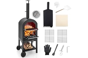 TANGZON Outdoor Pizza Oven, Wood-fired Pizza Maker with Waterproof Cover, Built-in Thermometer, Patio Cooking Grill for Camping Backyard BBQ (No Side Storage Shelves, 64 x 53 x 162cm)