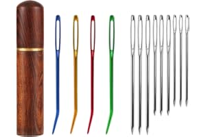 XIHIRCD Kit de 13 Aiguilles à Couture Gros Chas, Aiguilles Émoussées à Grand Chas en Acier Inoxydable et Aiguilles à Tapisserie Courbées avec Étui à Aiguilles en Bois pour Projets de Crochet