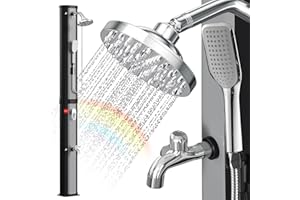 Eulenke Ducha solar de jardín de 60 litros, 226 cm, ducha solar de jardín, agua caliente máx. 60 °C, ducha exterior con ducha de mano y grifo, incluye cubierta protectora, cabezal de ducha de lluvia y